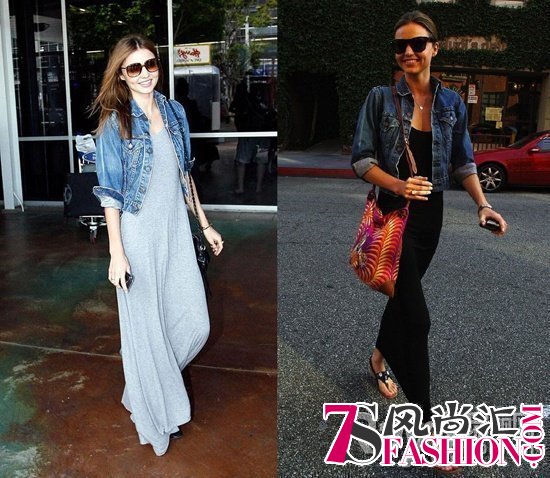 4  Miranda Kerr 爱用硬朗的牛仔夹克搭配柔美的棉质吊带长裙，女人味十足又不显拖沓